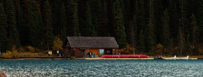 charming lakeside cabin with pine forest backdrop